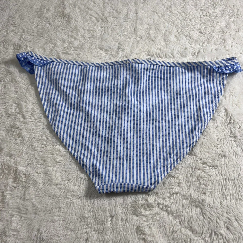 Aerie Women's Blue White Striped Seersucker Ruffle‎ Bikini Bottom Size Large NWT